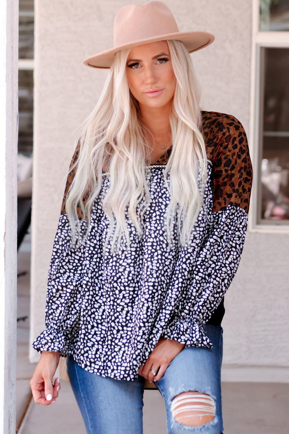 Animal Print Color Block V-Neck Flounce Sleeve Blouse