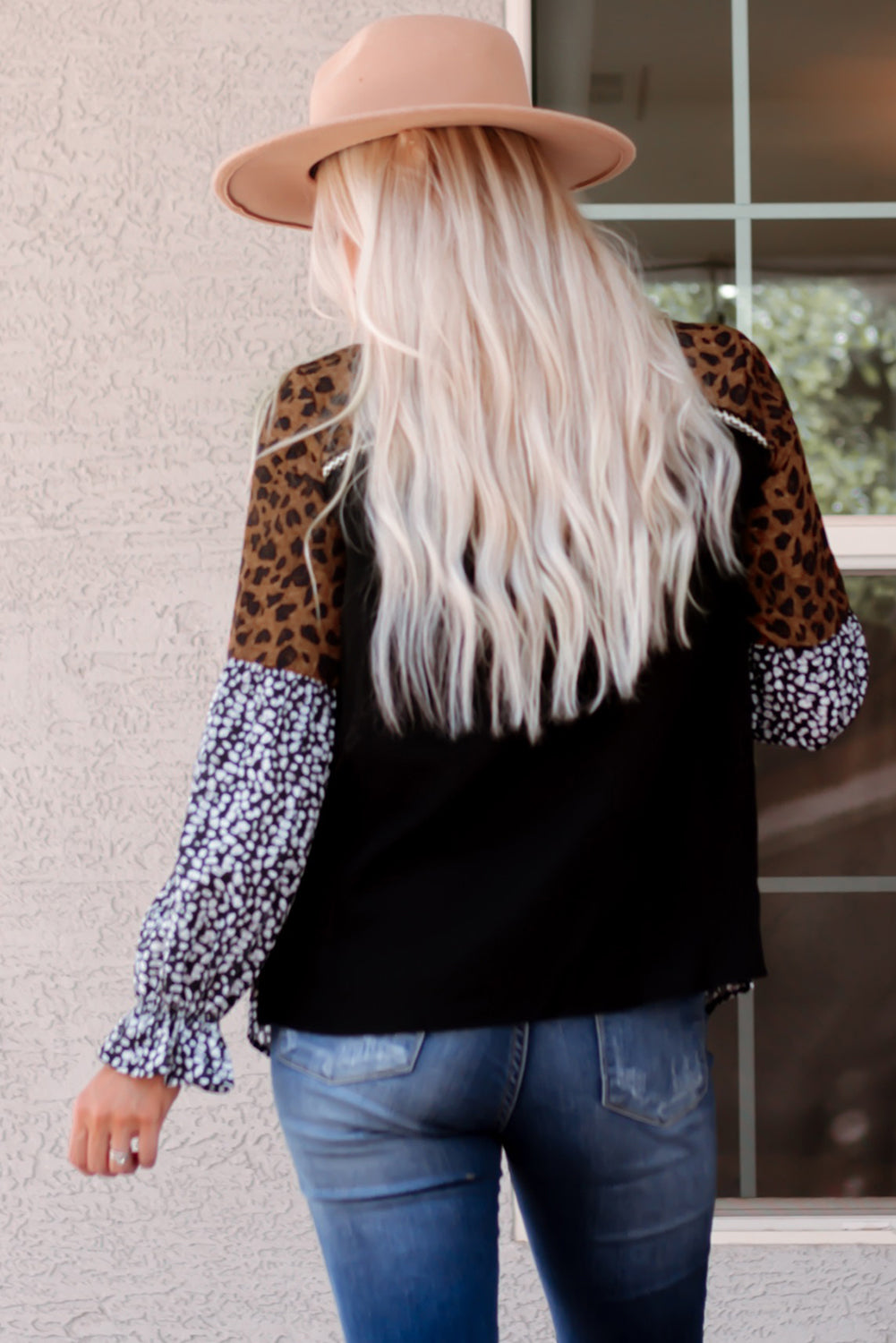 Animal Print Color Block V-Neck Flounce Sleeve Blouse