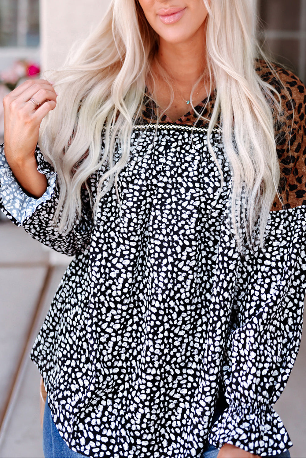 Animal Print Color Block V-Neck Flounce Sleeve Blouse