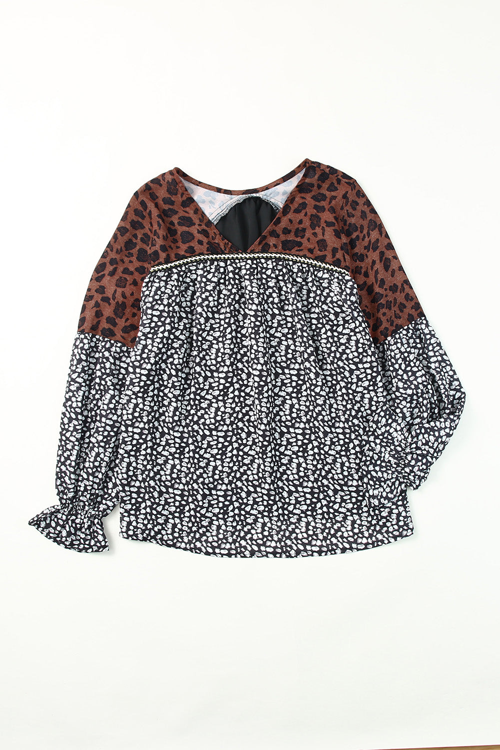 Animal Print Color Block V-Neck Flounce Sleeve Blouse