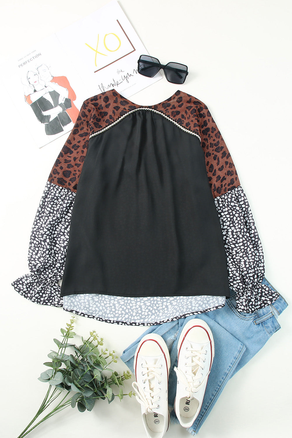 Animal Print Color Block V-Neck Flounce Sleeve Blouse