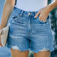 Distressed Raw Hem Denim Shorts with Pockets
