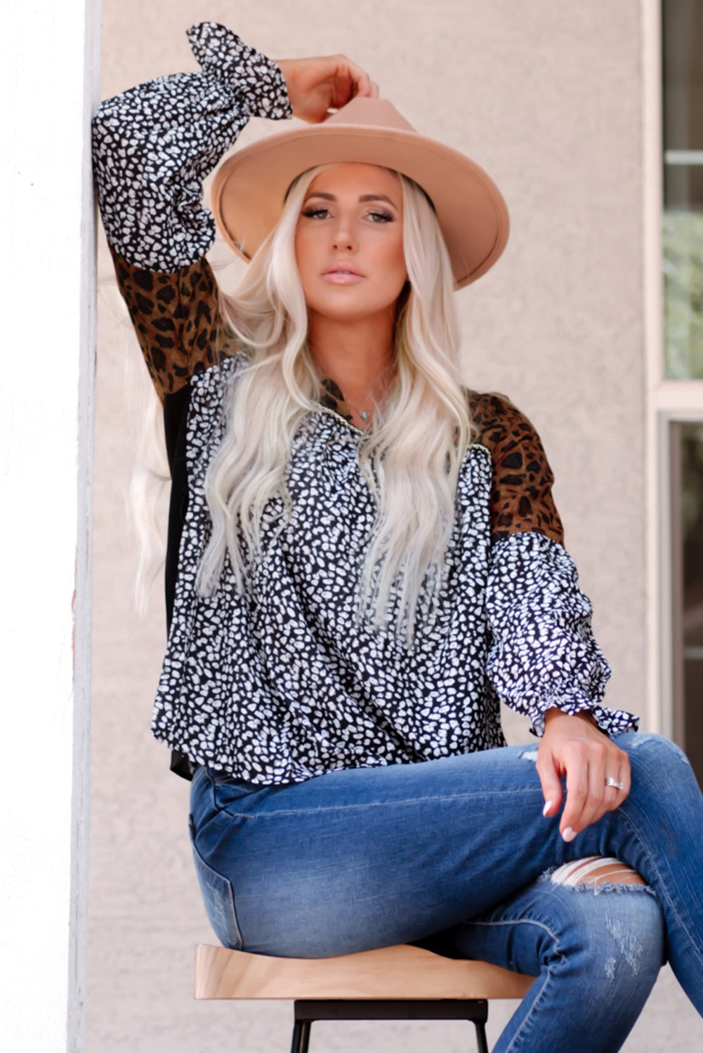 Animal Print Color Block V-Neck Flounce Sleeve Blouse