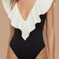 Two-Tone Ruffled Plunge One-Piece Swimsuit