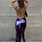 Backless Maxi Dress Women Sexy Purple Print Halter Bodycon Dress Summer Beach Outfits