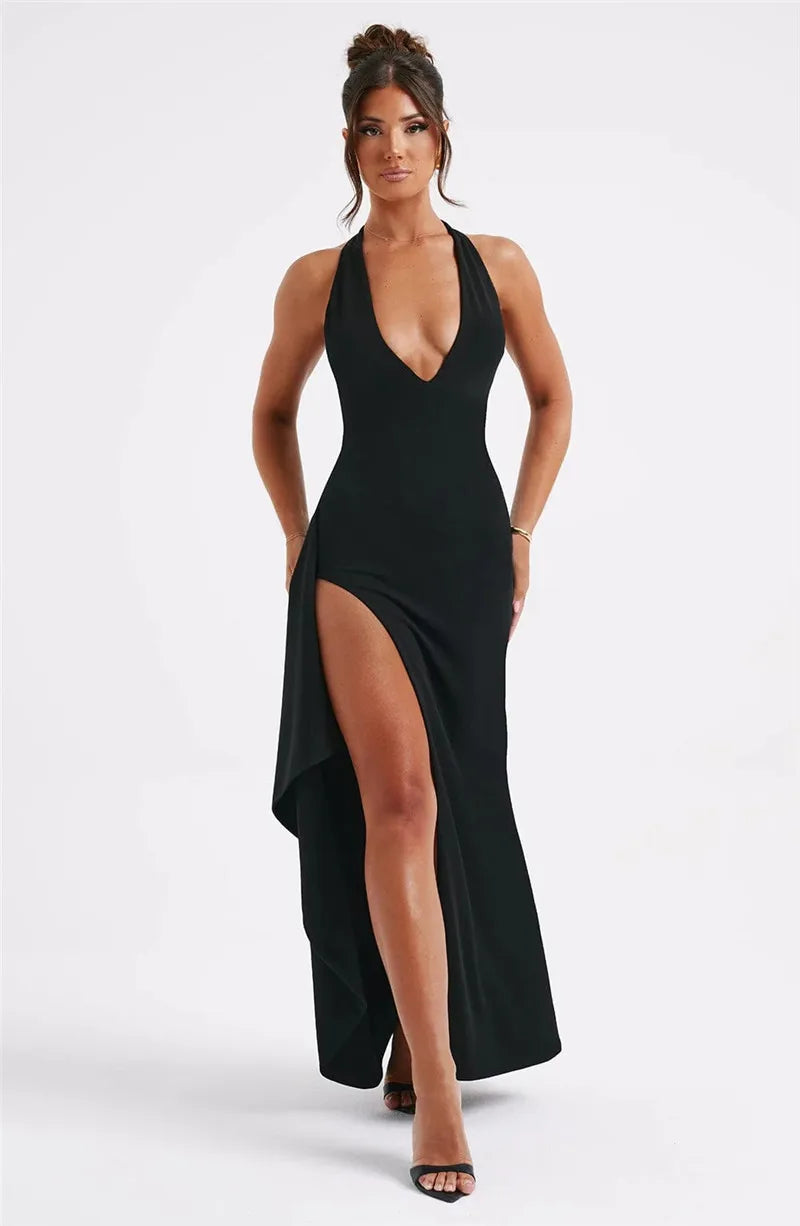 Deep V Neck Thigh High Split Maxi Dress Women Halter Sleeveless Backless Club Party Sexy Long Dress New