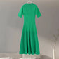 Elegant Knitted Ribbed Long Dress Women Slim Wave O-neck Short Sleeve