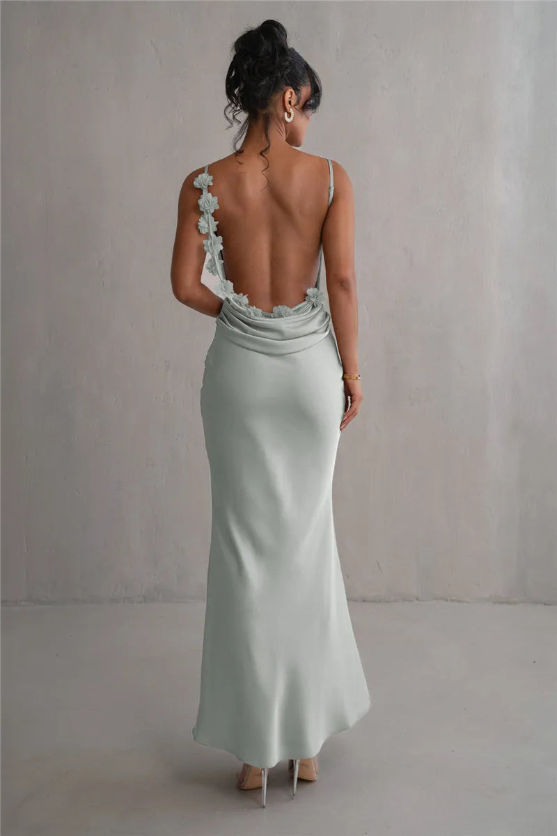 Floral Draped Backless Maxi Long Dress For Women Fashion Spaghetti Strap Sleeveless Evening Party Dress Elegant