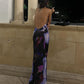 Backless Maxi Dress Women Sexy Purple Print Halter Bodycon Dress Summer Beach Outfits