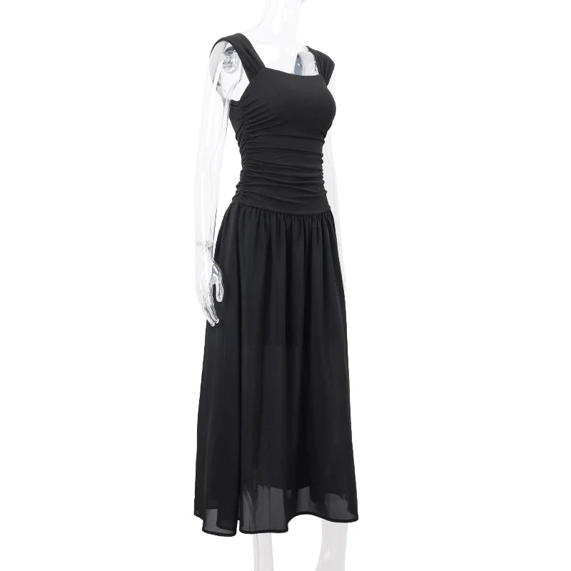 Women Summer Party Long Dress Sexy Ruched Bodycon Black Maxi Dresses