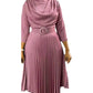 Elegant Office Dress Pleated for Women Professional Round Neck Full Sleeve Belt Waisted