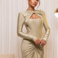 Hollow Out Long Sleeve Sexy Maxi Dress For Women Gown Autumn Winter New Metal Buckle Ruched Slit Long Dress Elegant