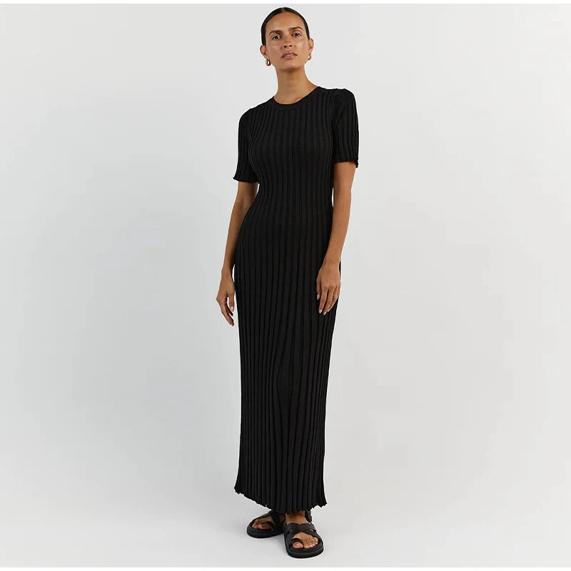 Elegant Knitted Ribbed Long Dress Women Slim Wave O-neck Short Sleeve