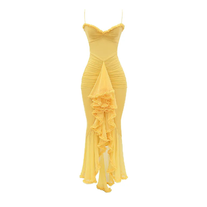 Ruffles Hem Pleated Sling Maxi Dress Sexy Sleeveless Backless Slim Robes