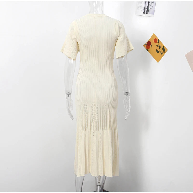 Elegant Knitted Ribbed Long Dress Women Slim Wave O-neck Short Sleeve