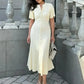 Elegant Knitted Ribbed Long Dress Women Slim Wave O-neck Short Sleeve