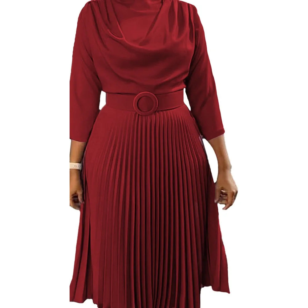 Elegant Office Dress Pleated for Women Professional Round Neck Full Sleeve Belt Waisted