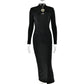 Hollow Out Long Sleeve Sexy Maxi Dress For Women Gown Autumn Winter New Metal Buckle Ruched Slit Long Dress Elegant