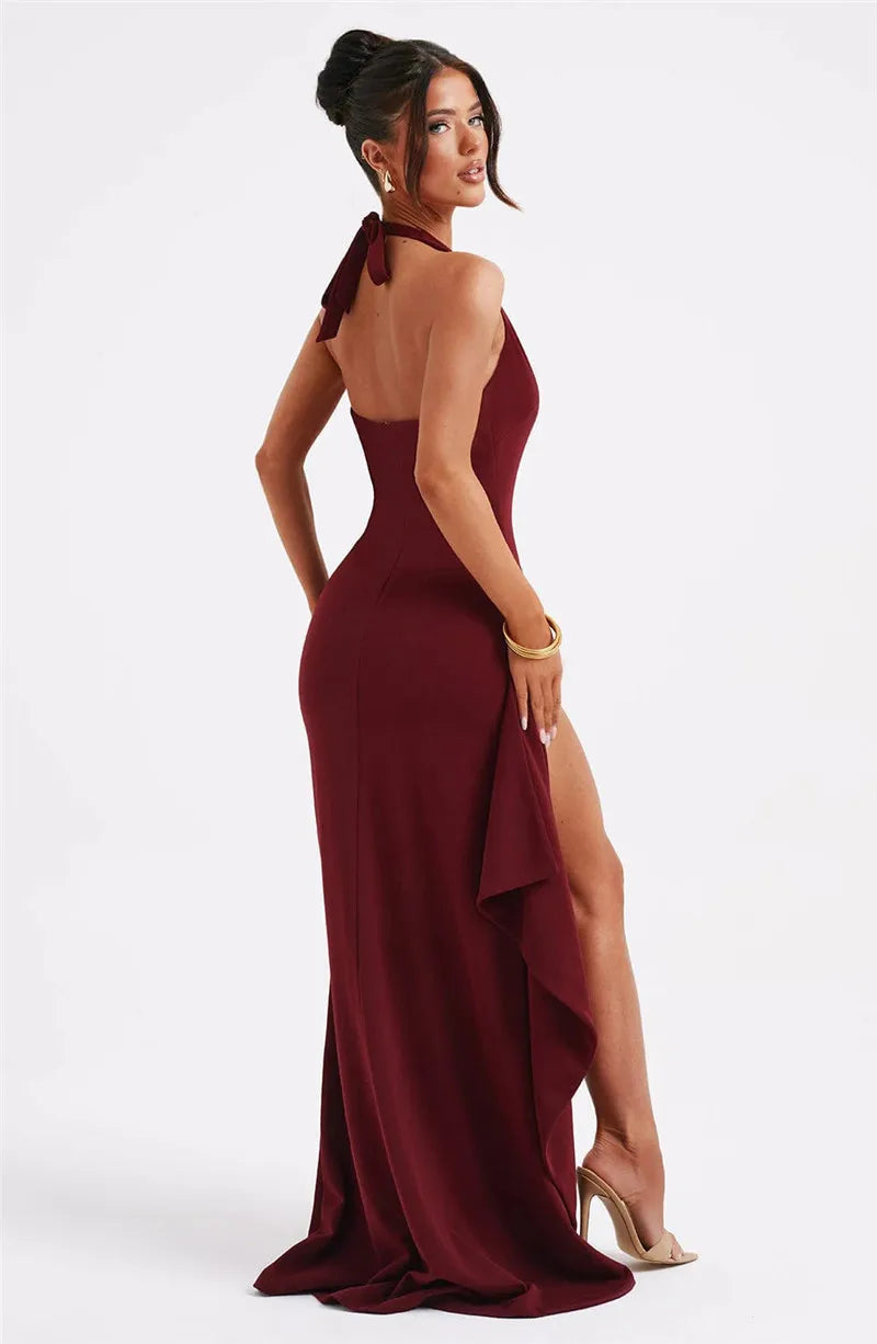 Deep V Neck Thigh High Split Maxi Dress Women Halter Sleeveless Backless Club Party Sexy Long Dress New