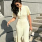 Elegant Knitted Ribbed Long Dress Women Slim Wave O-neck Short Sleeve