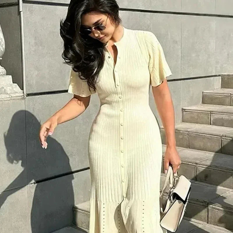 Elegant Knitted Ribbed Long Dress Women Slim Wave O-neck Short Sleeve