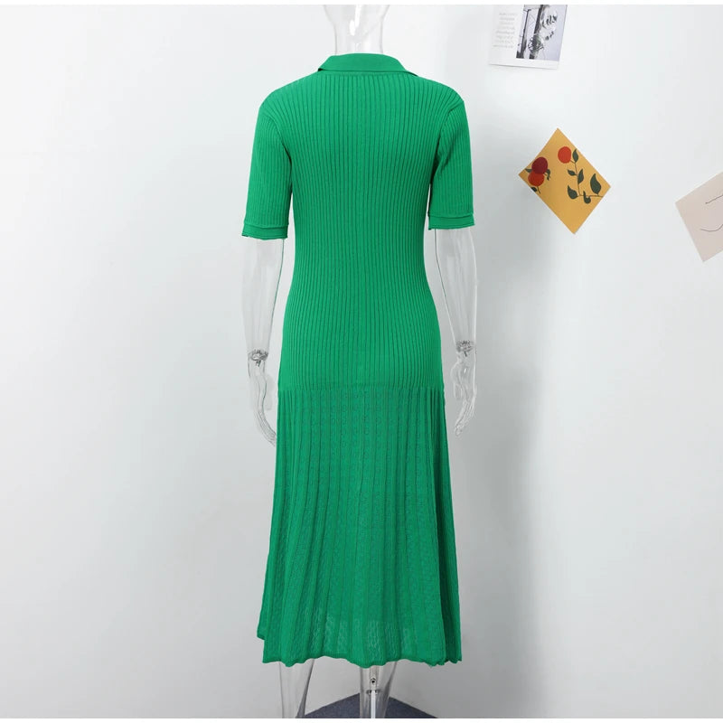 Elegant Knitted Ribbed Long Dress Women Slim Wave O-neck Short Sleeve