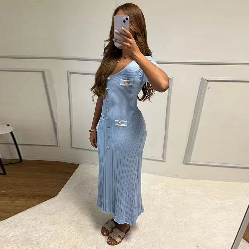 Elegant Knit Long Dress Women Chic Button Ribbed Slim Hip Package Female Dresses