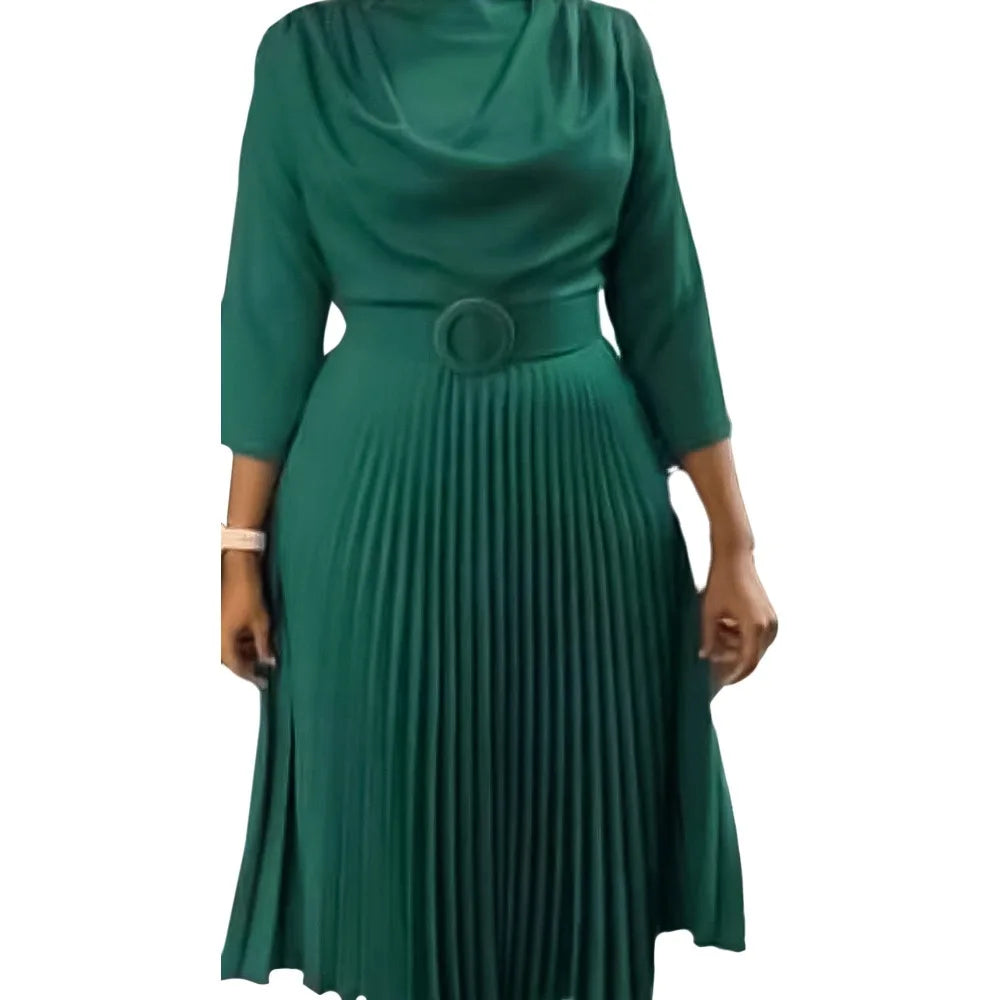 Elegant Office Dress Pleated for Women Professional Round Neck Full Sleeve Belt Waisted