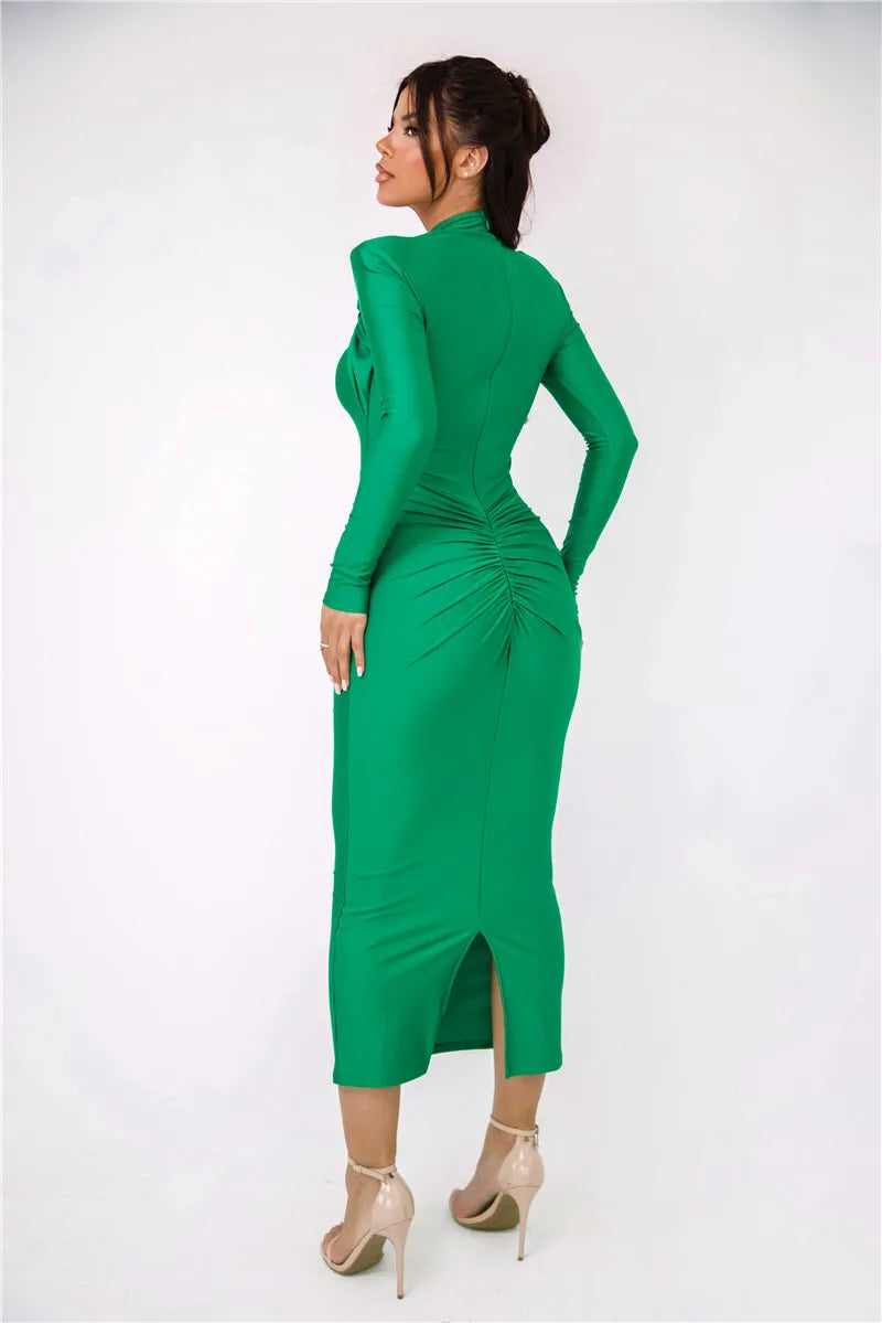 Hollow Out Long Sleeve Sexy Maxi Dress For Women Gown Autumn Winter New Metal Buckle Ruched Slit Long Dress Elegant