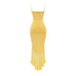 Ruffles Hem Pleated Sling Maxi Dress Sexy Sleeveless Backless Slim Robes