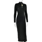 Hollow Out Long Sleeve Sexy Maxi Dress For Women Gown Autumn Winter New Metal Buckle Ruched Slit Long Dress Elegant