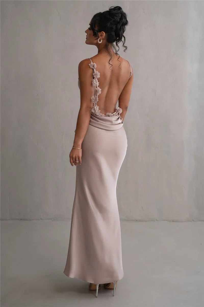 Floral Draped Backless Maxi Long Dress For Women Fashion Spaghetti Strap Sleeveless Evening Party Dress Elegant