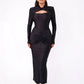 Hollow Out Long Sleeve Sexy Maxi Dress For Women Gown Autumn Winter New Metal Buckle Ruched Slit Long Dress Elegant