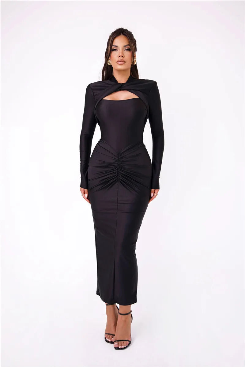 Hollow Out Long Sleeve Sexy Maxi Dress For Women Gown Autumn Winter New Metal Buckle Ruched Slit Long Dress Elegant