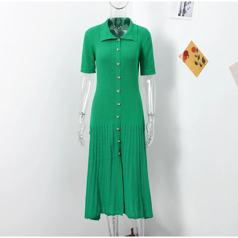 Elegant Knitted Ribbed Long Dress Women Slim Wave O-neck Short Sleeve