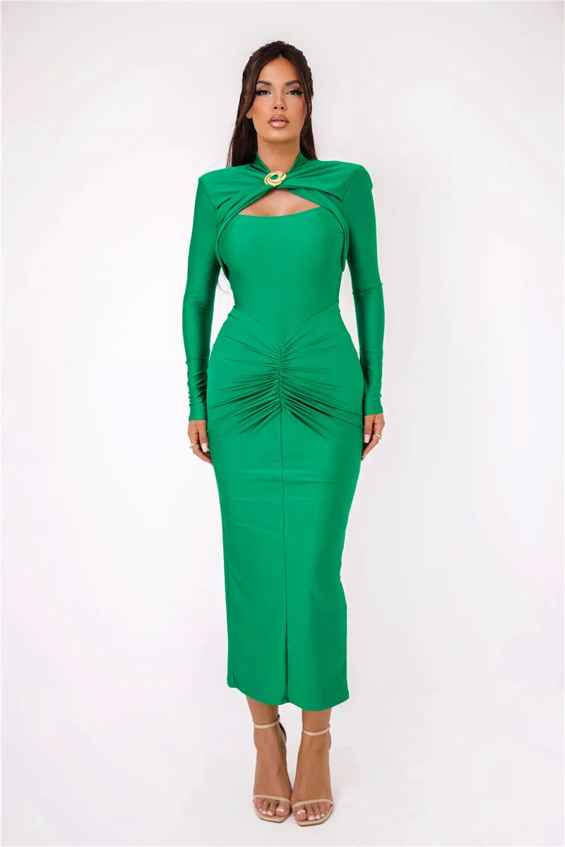 Hollow Out Long Sleeve Sexy Maxi Dress For Women Gown Autumn Winter New Metal Buckle Ruched Slit Long Dress Elegant