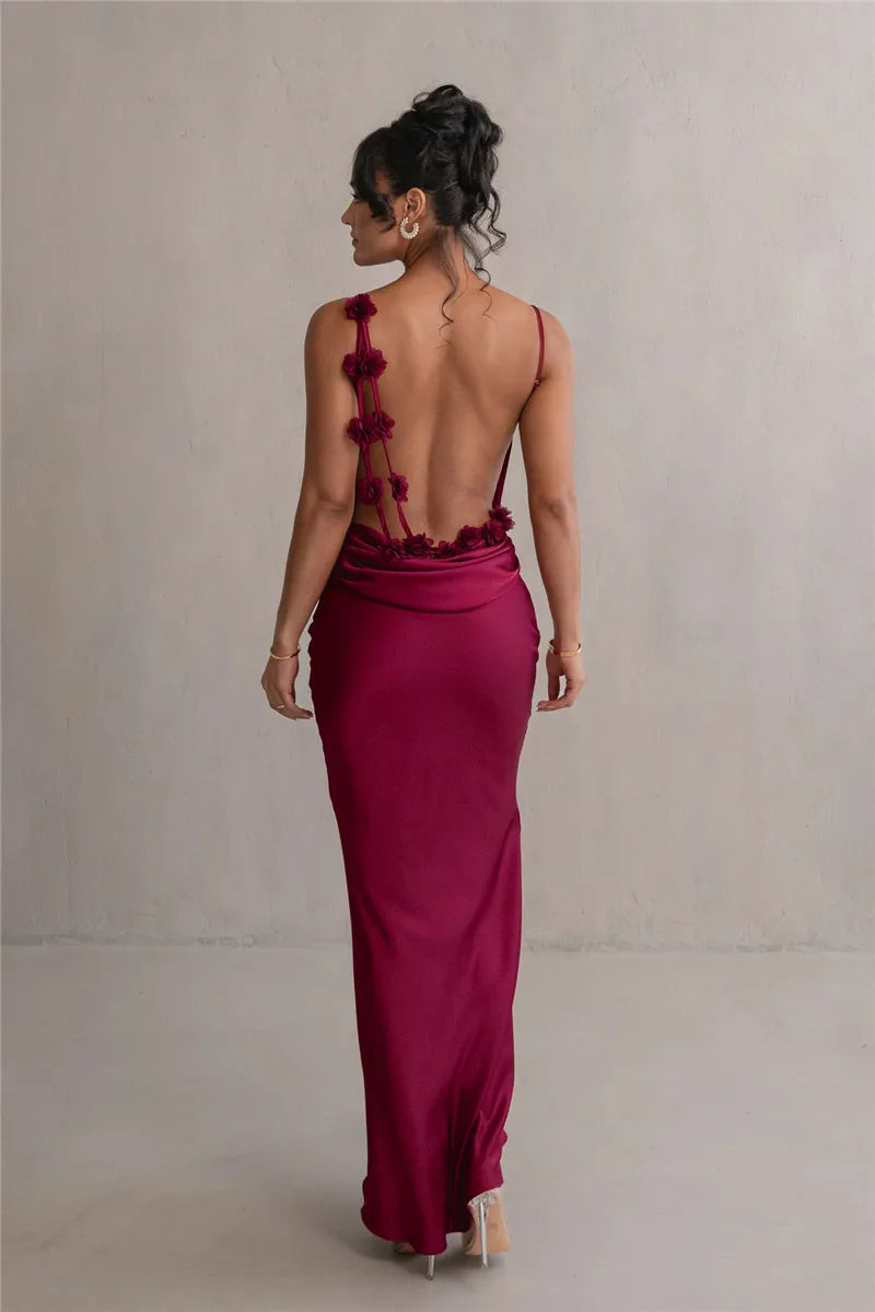 Floral Draped Backless Maxi Long Dress For Women Fashion Spaghetti Strap Sleeveless Evening Party Dress Elegant