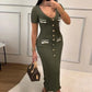 Elegant Knit Long Dress Women Chic Button Ribbed Slim Hip Package Female Dresses