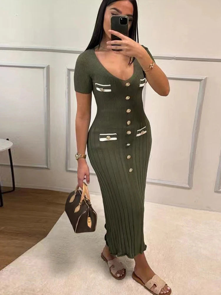 Elegant Knit Long Dress Women Chic Button Ribbed Slim Hip Package Female Dresses