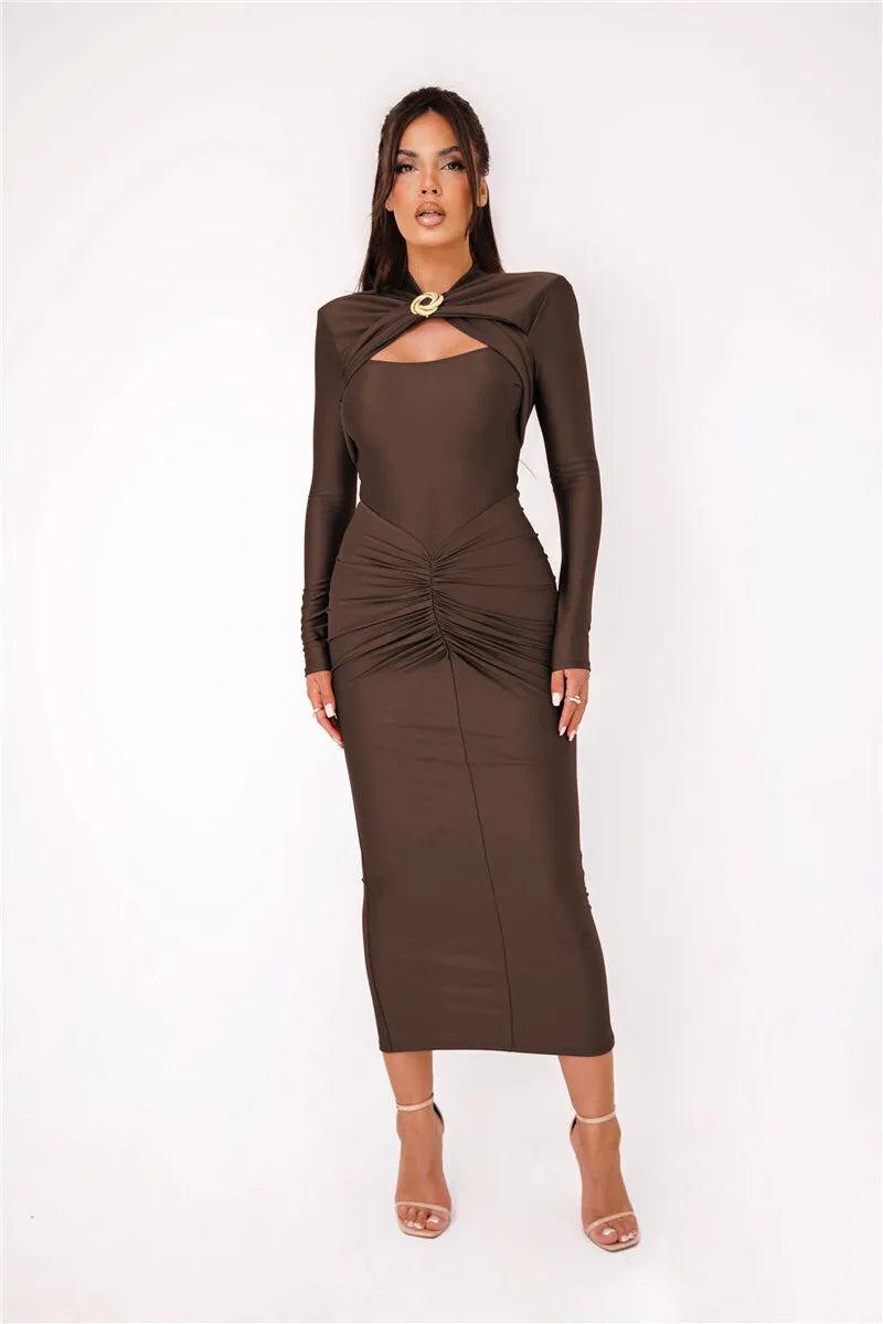 Hollow Out Long Sleeve Sexy Maxi Dress For Women Gown Autumn Winter New Metal Buckle Ruched Slit Long Dress Elegant