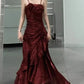 Red Rose Vintage Long Dress  Slim Mermaid Spaghetti Strap Floral Dress