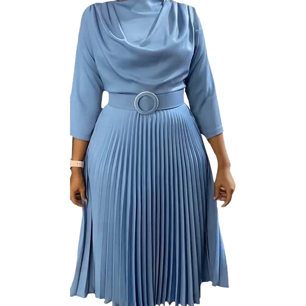 Elegant Office Dress Pleated for Women Professional Round Neck Full Sleeve Belt Waisted