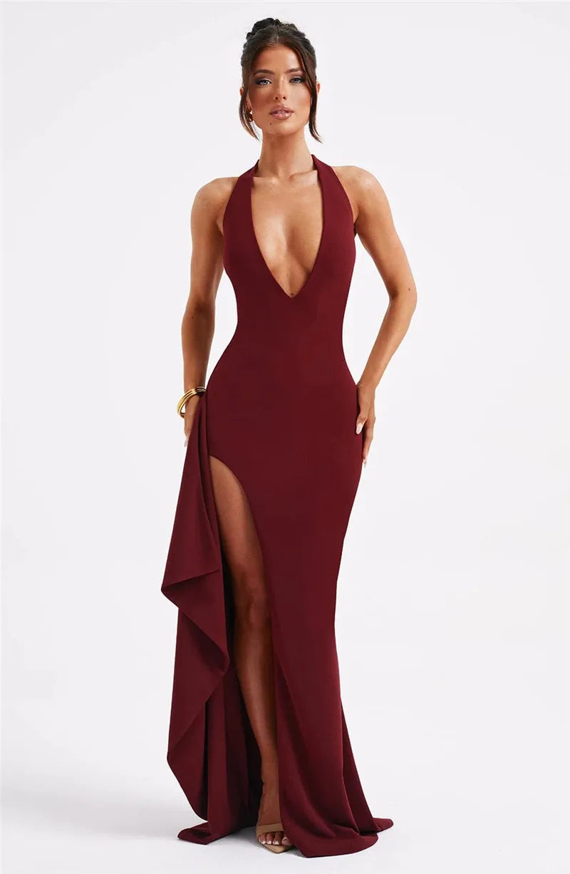 Deep V Neck Thigh High Split Maxi Dress Women Halter Sleeveless Backless Club Party Sexy Long Dress New