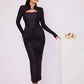 Hollow Out Long Sleeve Sexy Maxi Dress For Women Gown Autumn Winter New Metal Buckle Ruched Slit Long Dress Elegant