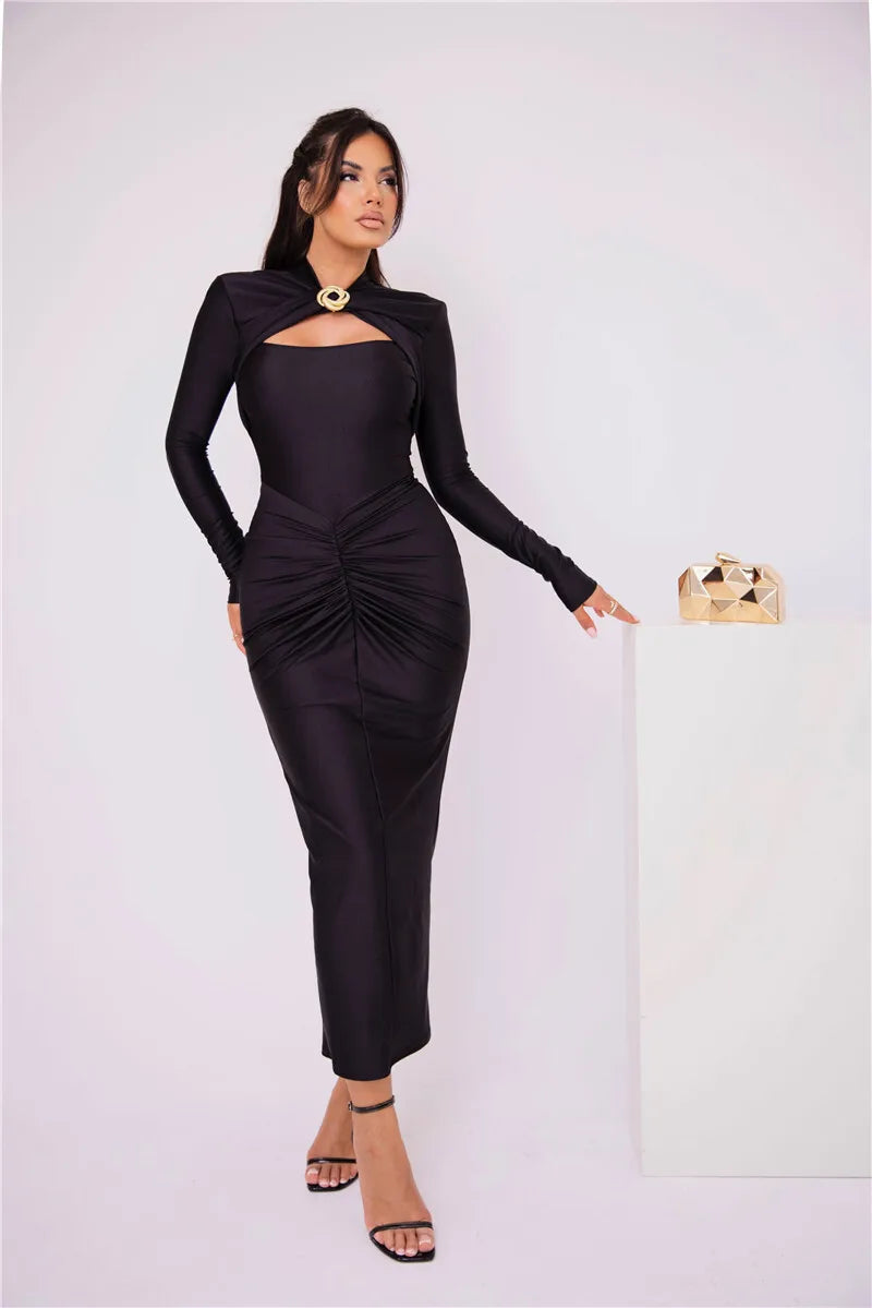 Hollow Out Long Sleeve Sexy Maxi Dress For Women Gown Autumn Winter New Metal Buckle Ruched Slit Long Dress Elegant