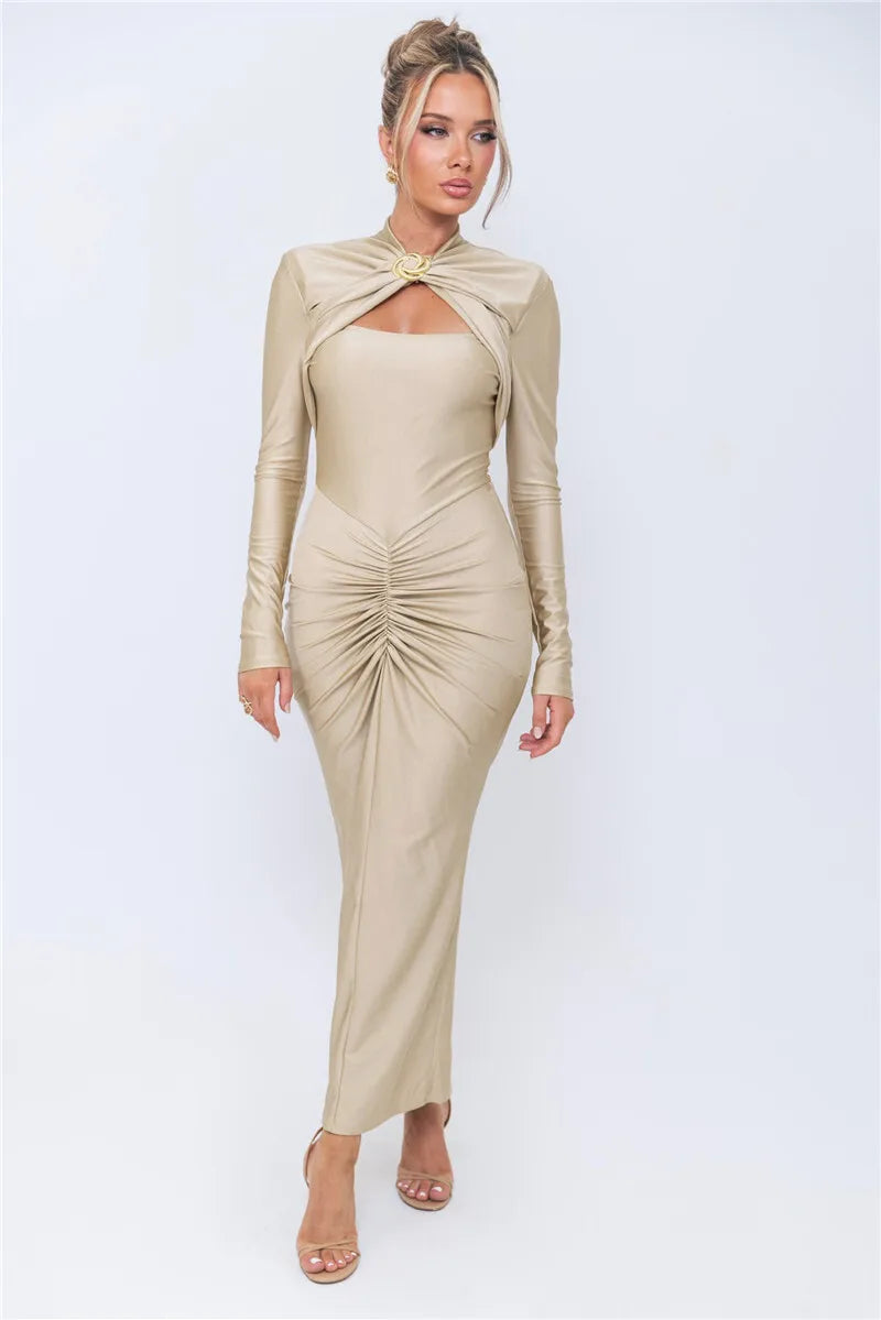 Hollow Out Long Sleeve Sexy Maxi Dress For Women Gown Autumn Winter New Metal Buckle Ruched Slit Long Dress Elegant