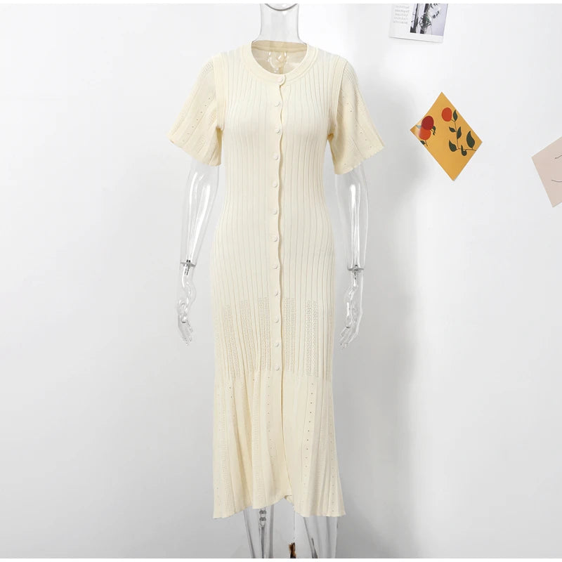 Elegant Knitted Ribbed Long Dress Women Slim Wave O-neck Short Sleeve