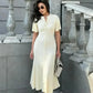 Elegant Knitted Ribbed Long Dress Women Slim Wave O-neck Short Sleeve