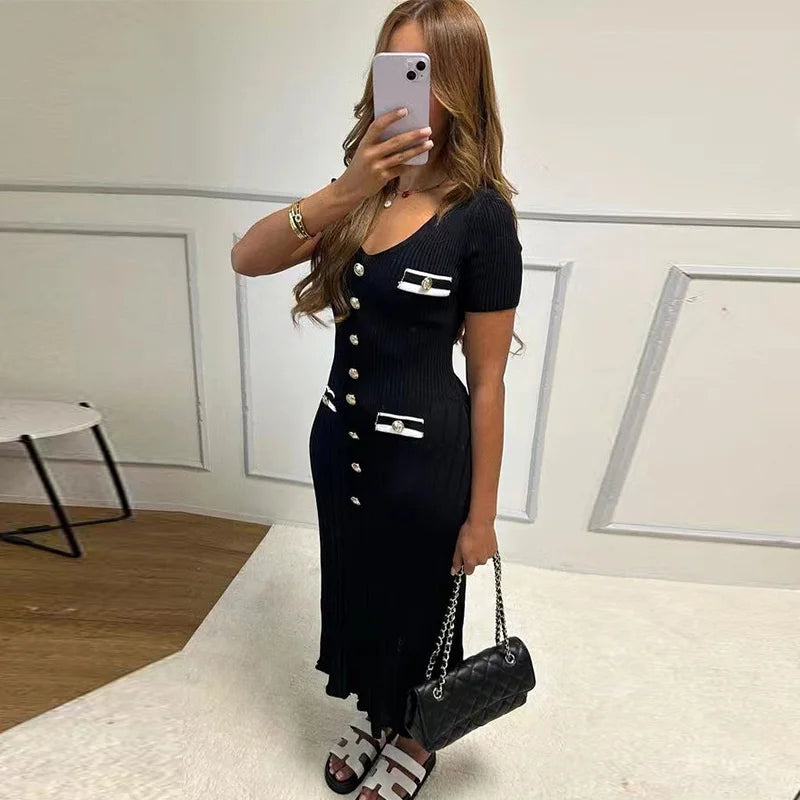 Elegant Knit Long Dress Women Chic Button Ribbed Slim Hip Package Female Dresses