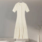 Elegant Knitted Ribbed Long Dress Women Slim Wave O-neck Short Sleeve